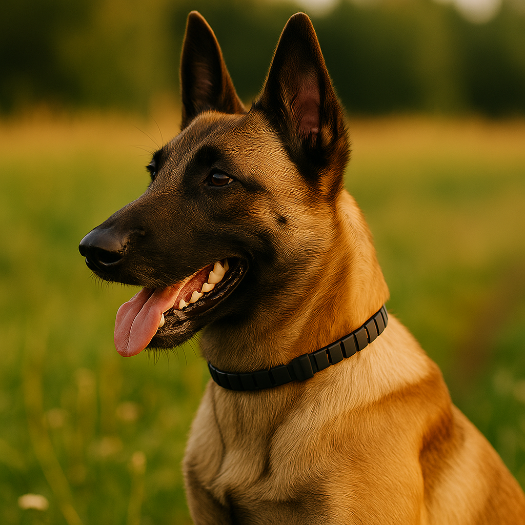 Malinois portant un collier chien anti tique dans un halo verdoyant. Image produit Boutiquechien