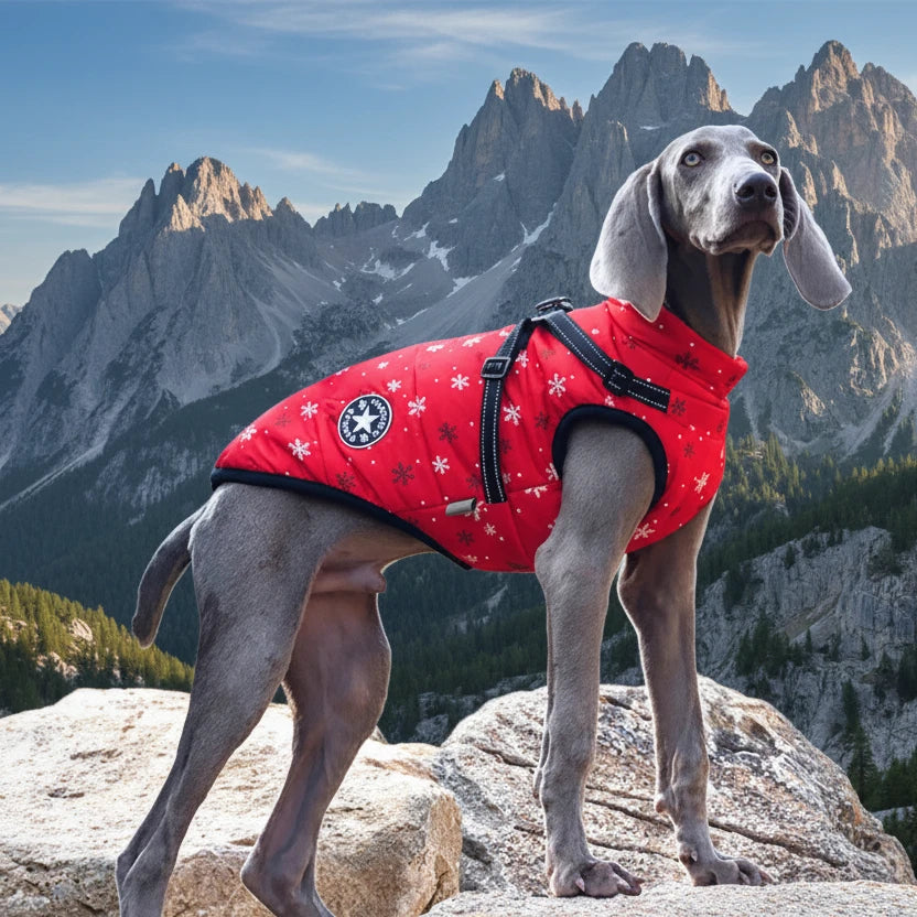 Manteau pour petit chien avec harnais intégré rouge sur un chien gris