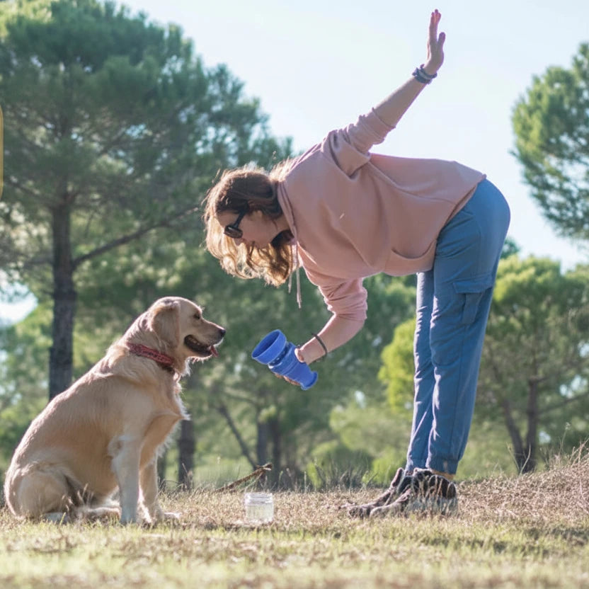 Meilleure gourde pour chien avec une femme donnant à boire au chien Image