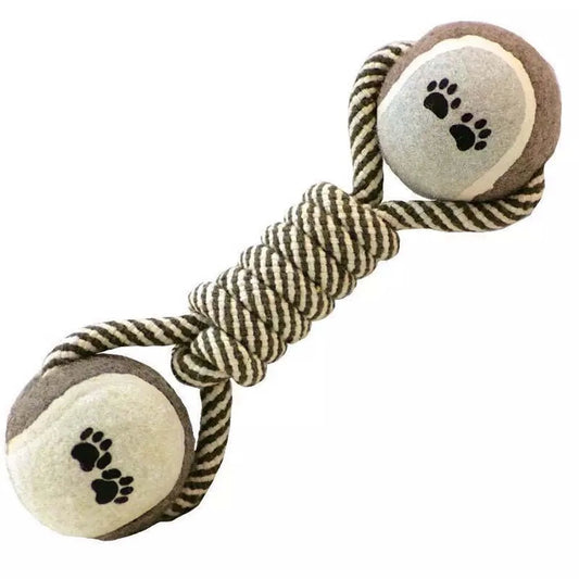 os résistant pour chien avec balle de tennis à chaque côté. Le jouet chien est résistant en corde. Image produit Boutiquechien