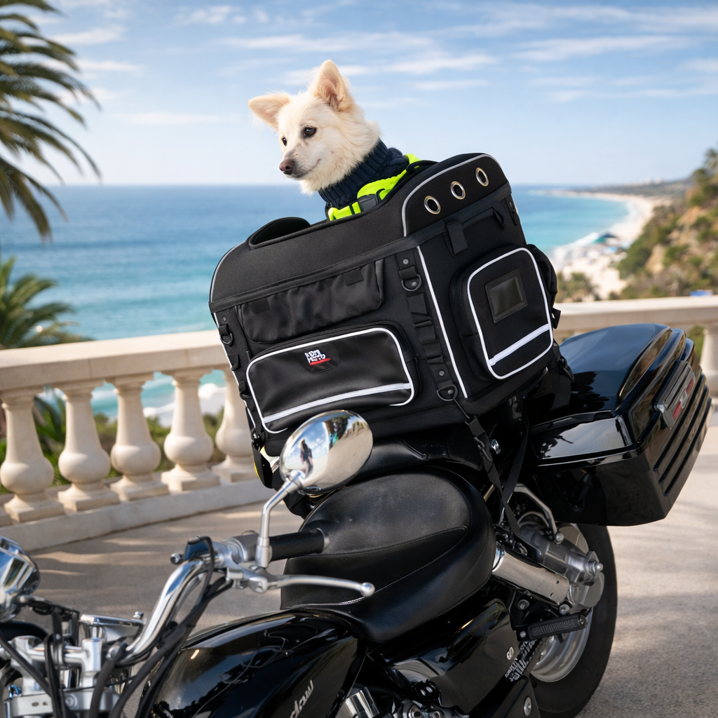 Panier chien moto sur une moto noir près de la mer 