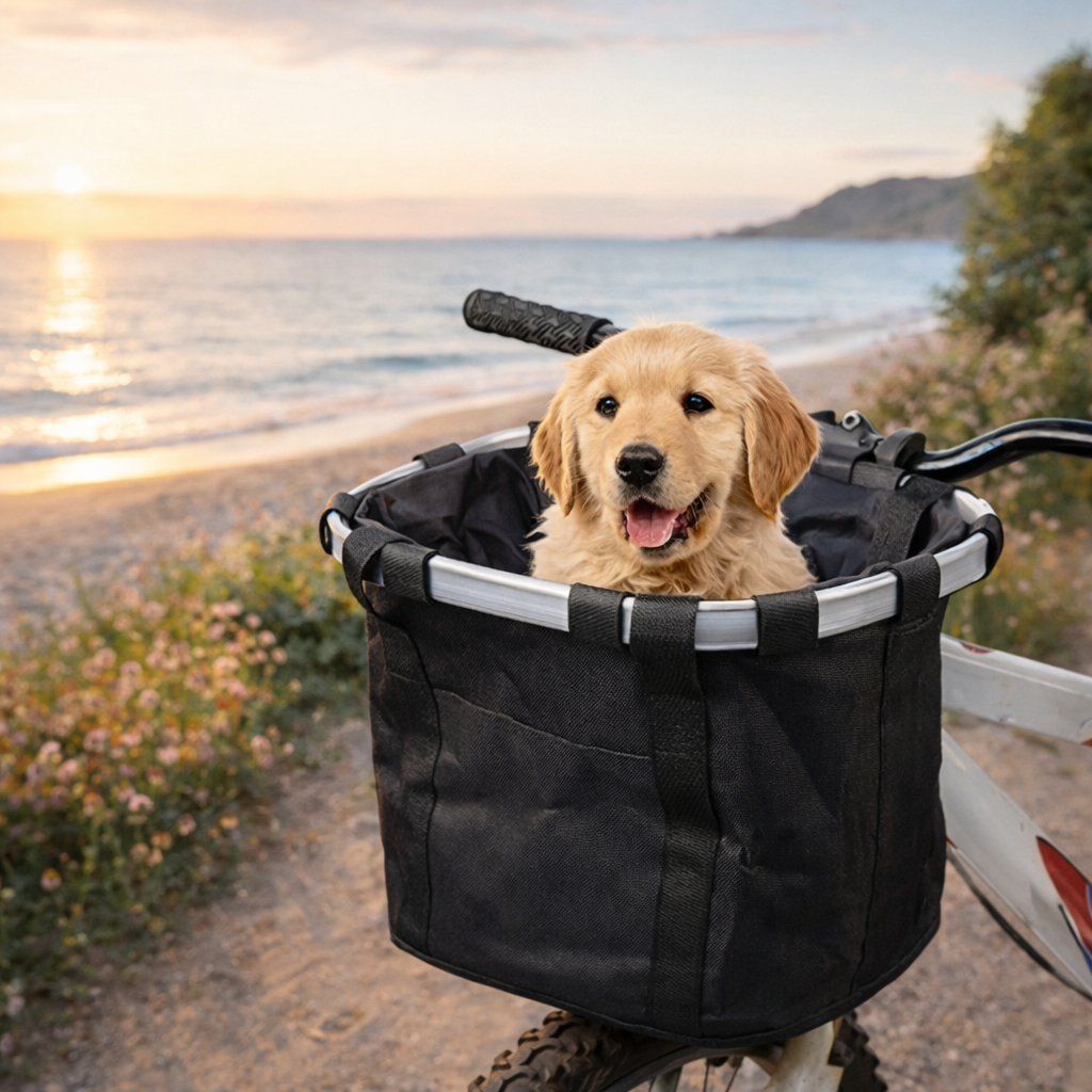 Panier chien pour velo electrique près de la mer 