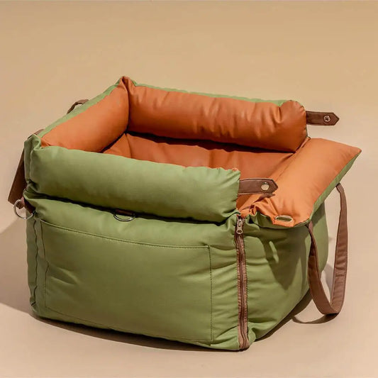 Panier chien vert et orange pour voiture durable et résistant pour les petits chiens. Image produit Boutiquechien