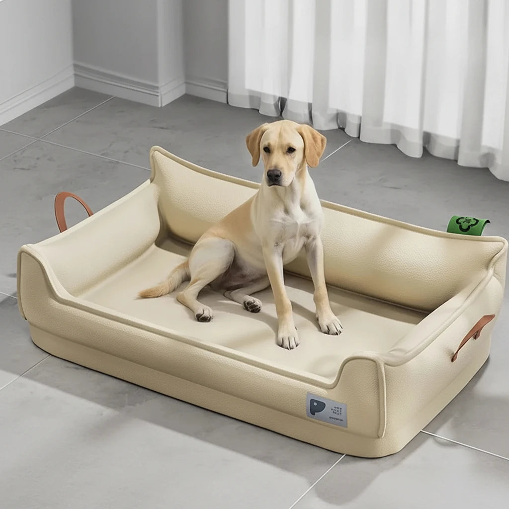 Panier en cuir pour chien sur un chien blanc dans un salon de couleur clair  Image