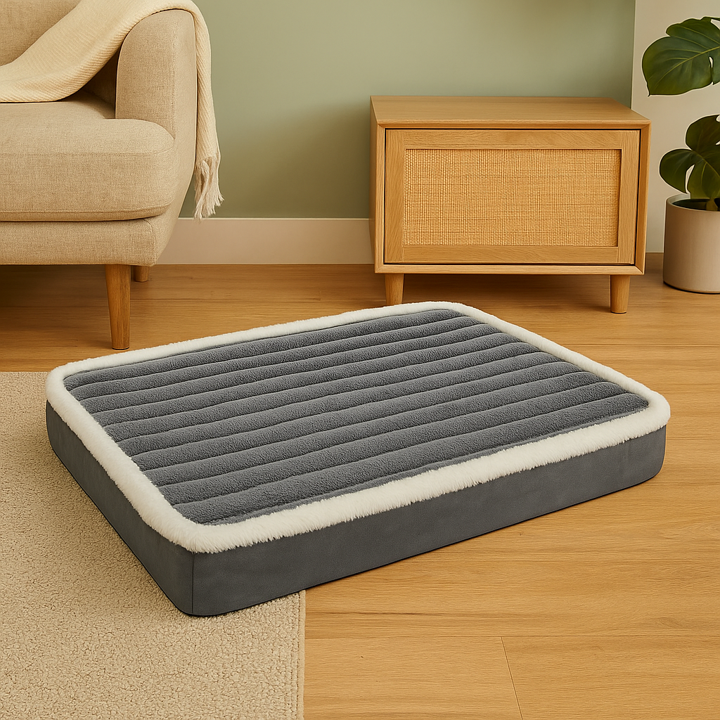 Panie chien xl de couleur gris posé dansu un salon de couleur claire avec en fond un canapé de couleur blanc et une commode en bois. Image produit Boutiquechien