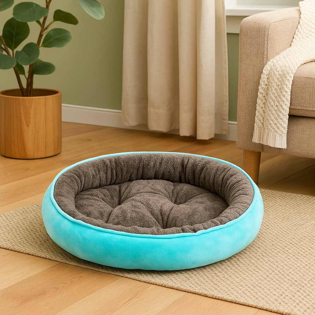 Panier chien xl bleu et gris posé dans un salon de couleur claire avec un canapé gris et une plante verte. Image produit Boutiquechien Image