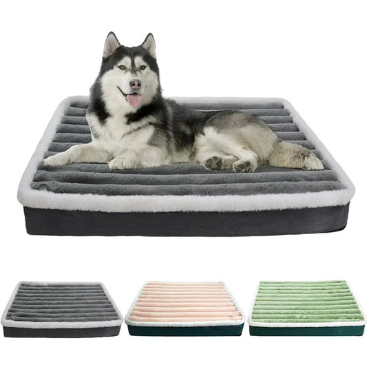 panier pour chien déhoussable pour chien de grande tailles. Le chien blanc et noir est couché sur le grand panier gris pour chien moelleux 