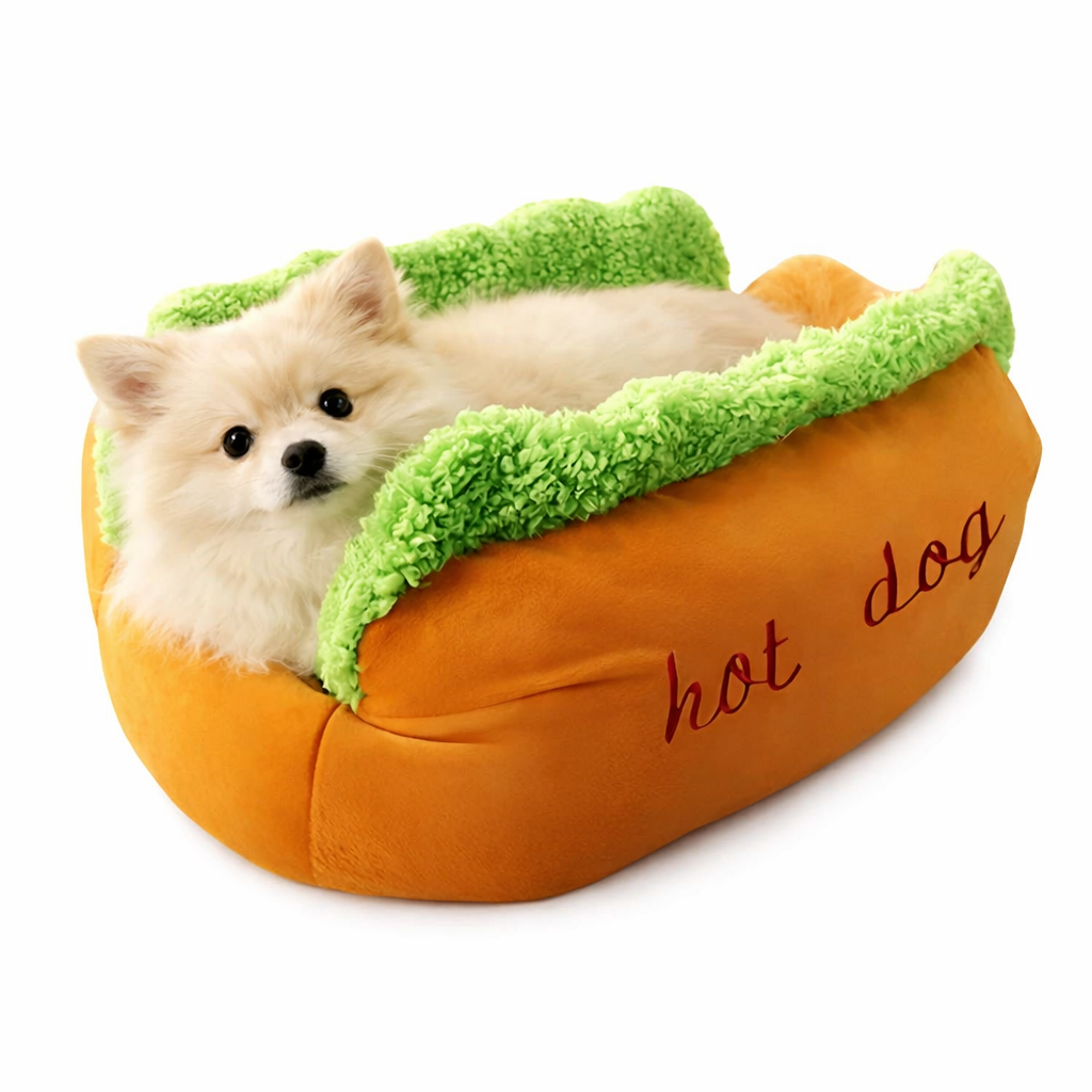 Panier pour chien hot dog avec un chien dedans 