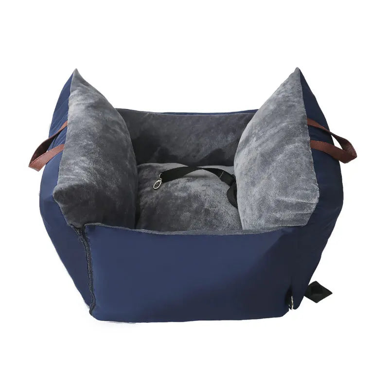 Panier pour chien de transcrit de couleur bleu et gris avec une laisse de maintient dans le sac. Image produit Boutiquechien