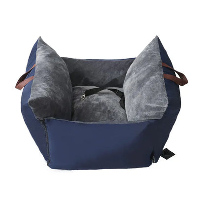 Panier pour chien de transcrit de couleur bleu et gris avec une laisse de maintient dans le sac. Image produit Boutiquechien