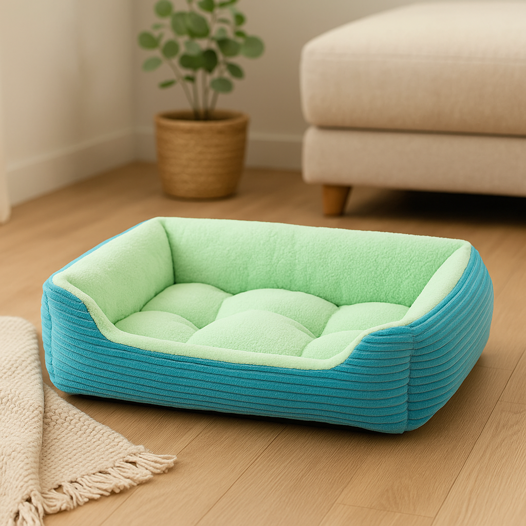 Panier chien xxl de couleur bleu et vert posé dans un salon de couleur de couleur claire. En fond il y a un canapé blanc et une plante verte. Image produit Boutiquechien