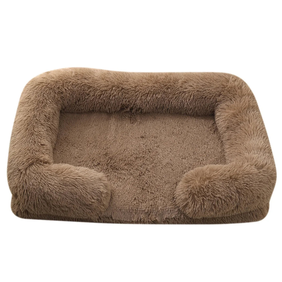 Panier pour chien brun avec oreiller intégrer sur tout le long du panier. Le panier est parfait pour les grands et moyens chien. Image produit boutiquechien