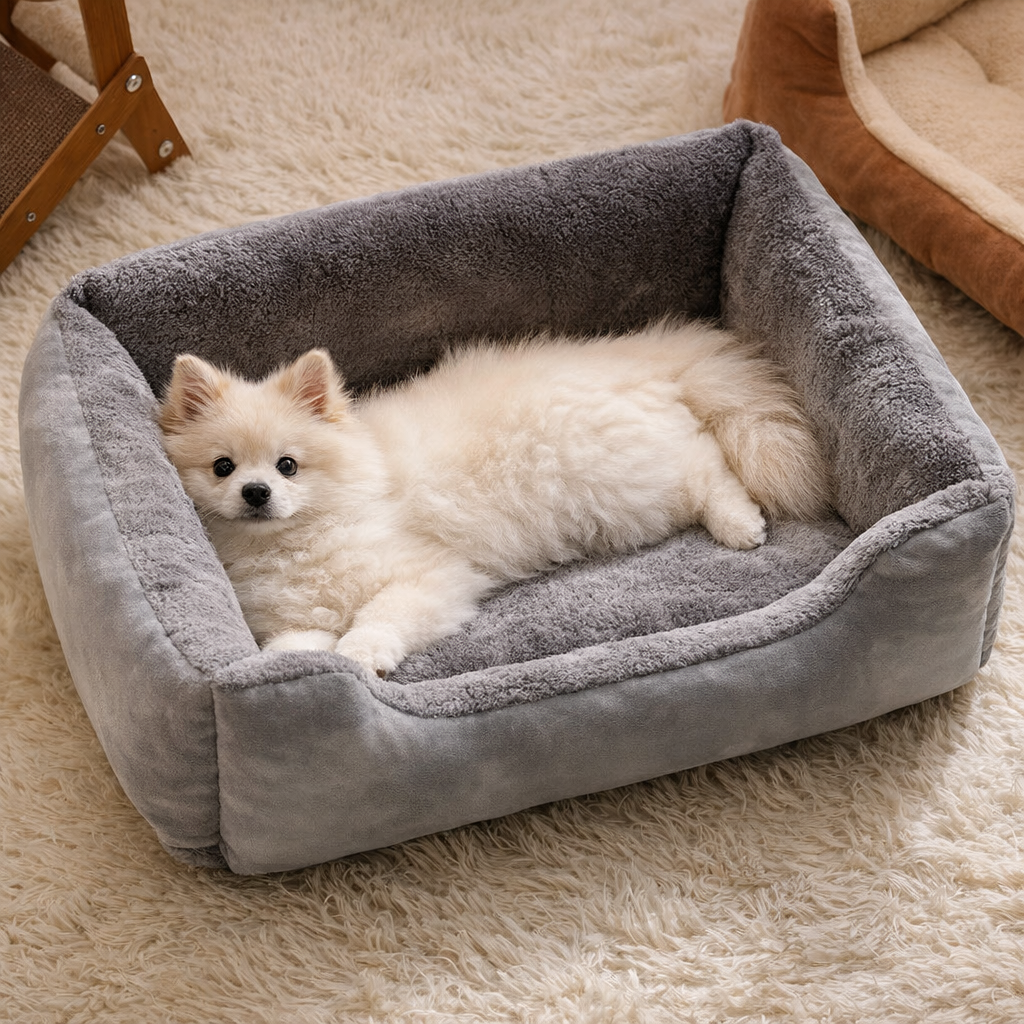 Panier pour petit chien pas cher avec un petit chien blanc couche dedans Image
