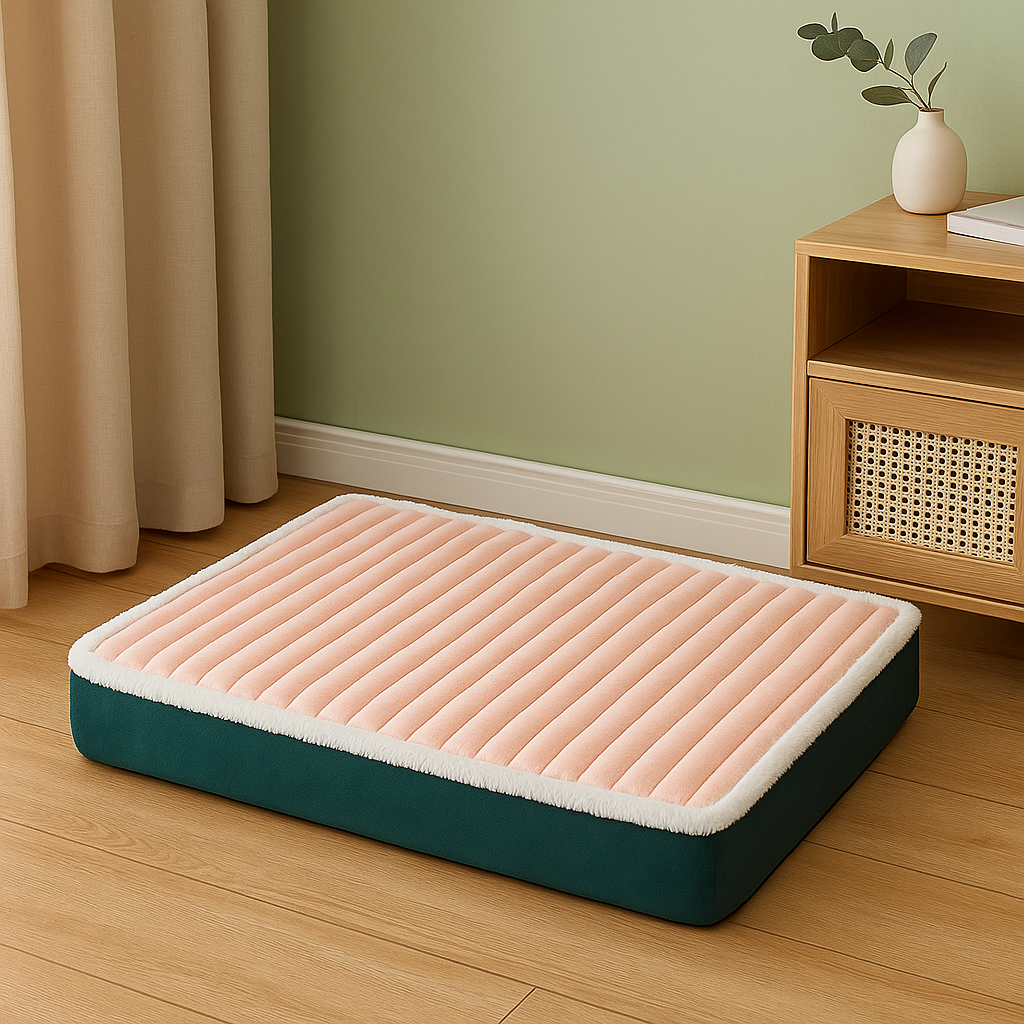 Panier pour gros chien xl de couleur rose et vert posé dans un salon de couleur claire avec un meuble en bois en fond. Image produit Boutiquechien
