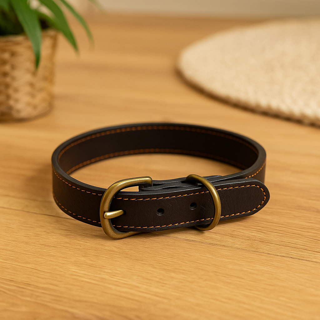 Petit collier pour chien style cuir de couleur noir posé sur une table claire. Image produit Boutiquechien Image