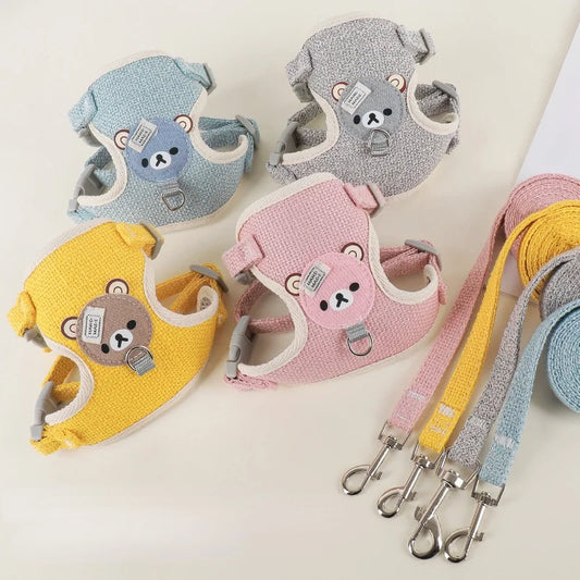 petit harnais mignon pour chiot de plusieurs couleurs avec laisses assortîtes. Image produit Boutiquechien