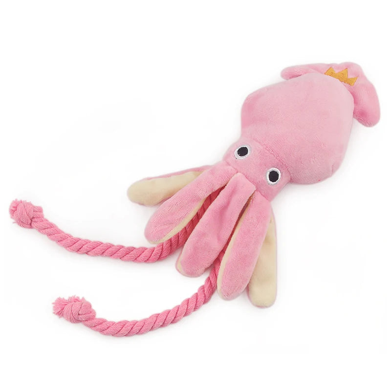 peluche poulpe pour chien résistant de couleur rose avec des cordes résistant. Image produit Boutiquechien