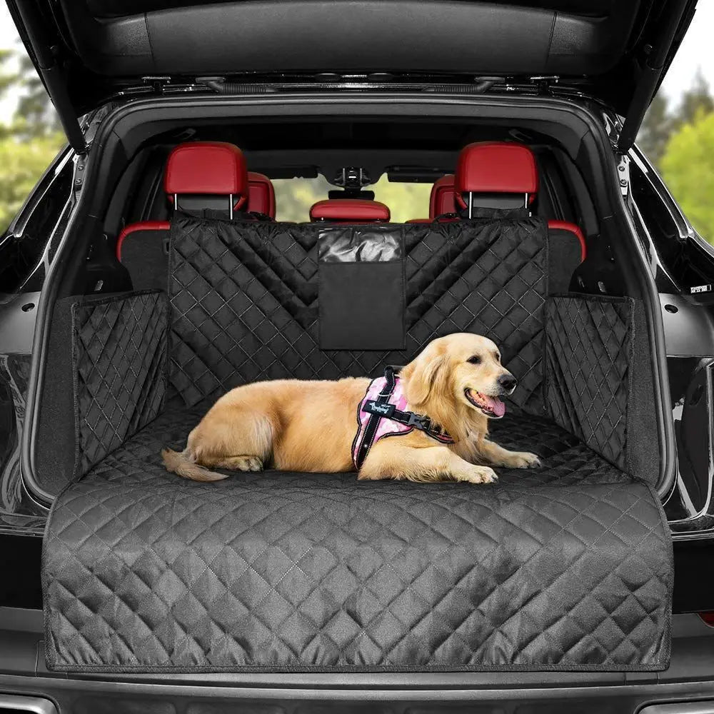 Protection coffre voiture chien avec un gros chien dans le coffre noir dans une voiture noir Image