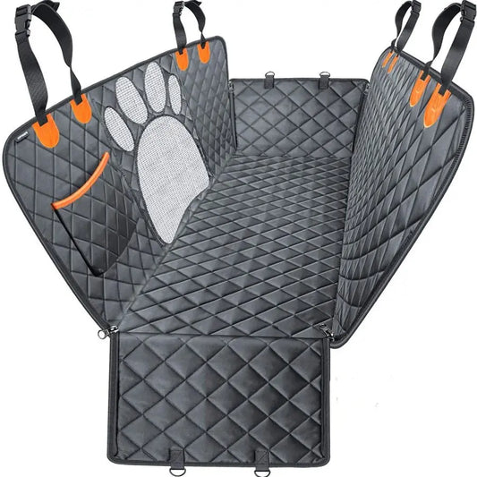 Protection de siège de couleur noir et orange avec une forme de patte en grille de protection. Image produit Boutiquechien 
