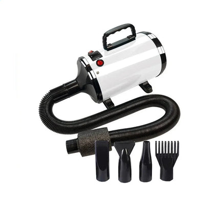 Pulseur chien blanc et noir avec différentes buses pour sécher votre chine parfaitement. Le pulseur possède une poignée noir. Image produit Boutiquechien