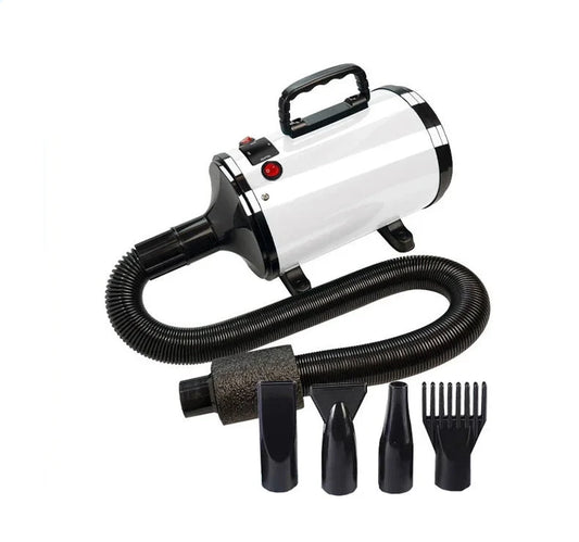 Pulseur chien blanc et noir avec différentes buses pour sécher votre chine parfaitement. Le pulseur possède une poignée noir. Image produit Boutiquechien