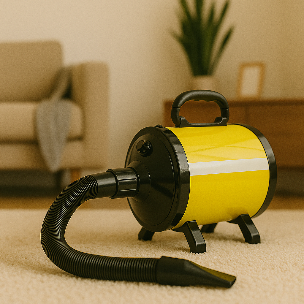 Pulseur chien de couleur jaune et noir posé dans un salon de couleur claire. Le pulseur est disponible chez Botuiquechien