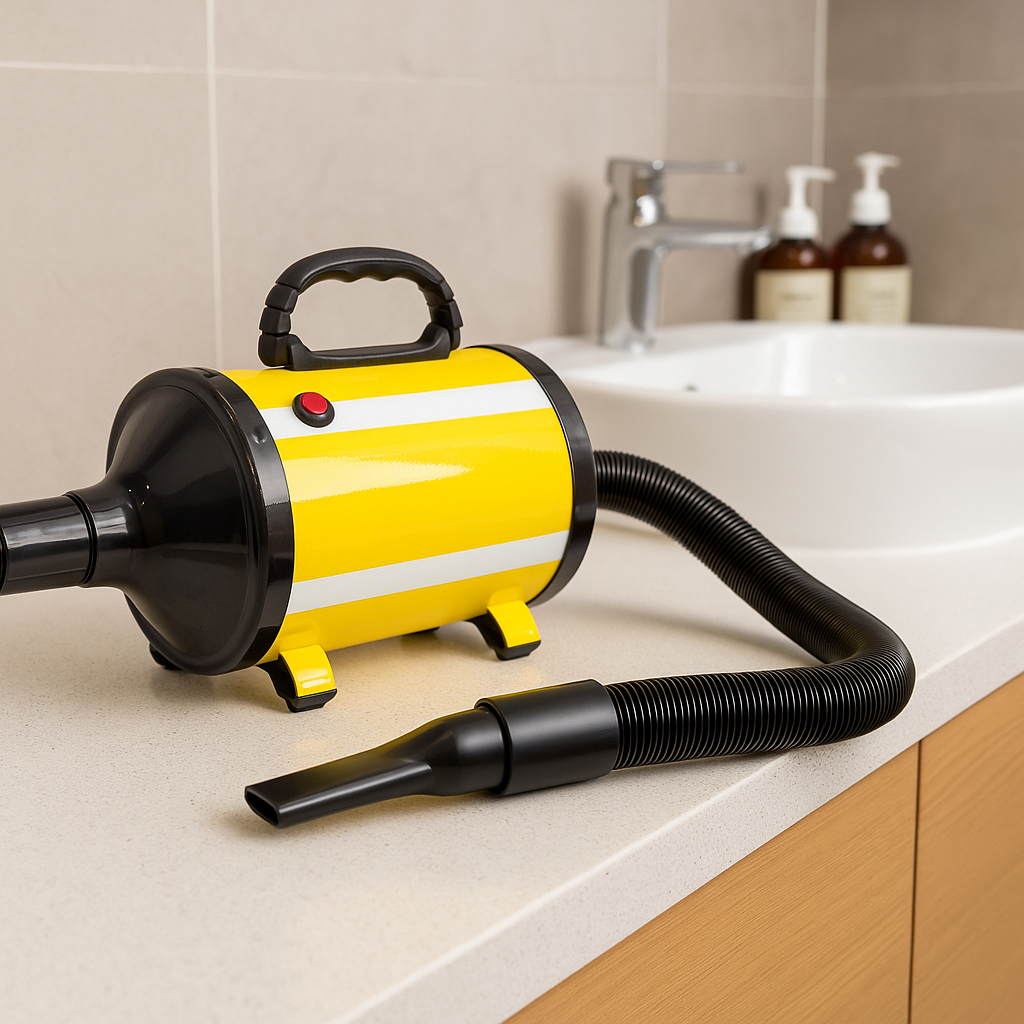 Pulseur chien jaune et noir dans une salle de bain de couleur clair. Image produit Boutiquechien
