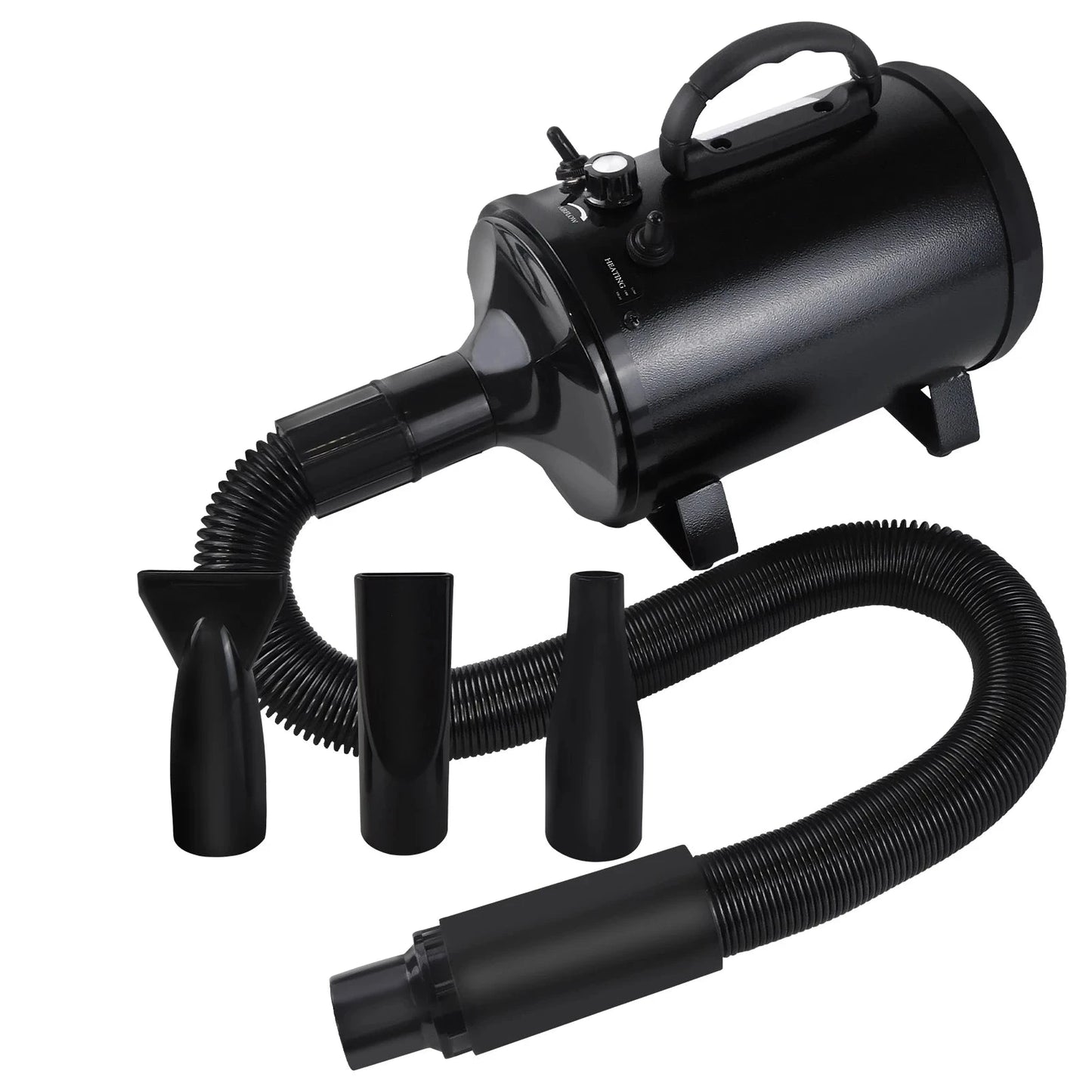 Pulseur chien de couleur noir avec plusieurs embouts de couleurs noir pour un séchage parfait. Le pulseur chien est silencieux et performant parfait pour les salons de toilettages Image produit Boutiquechien