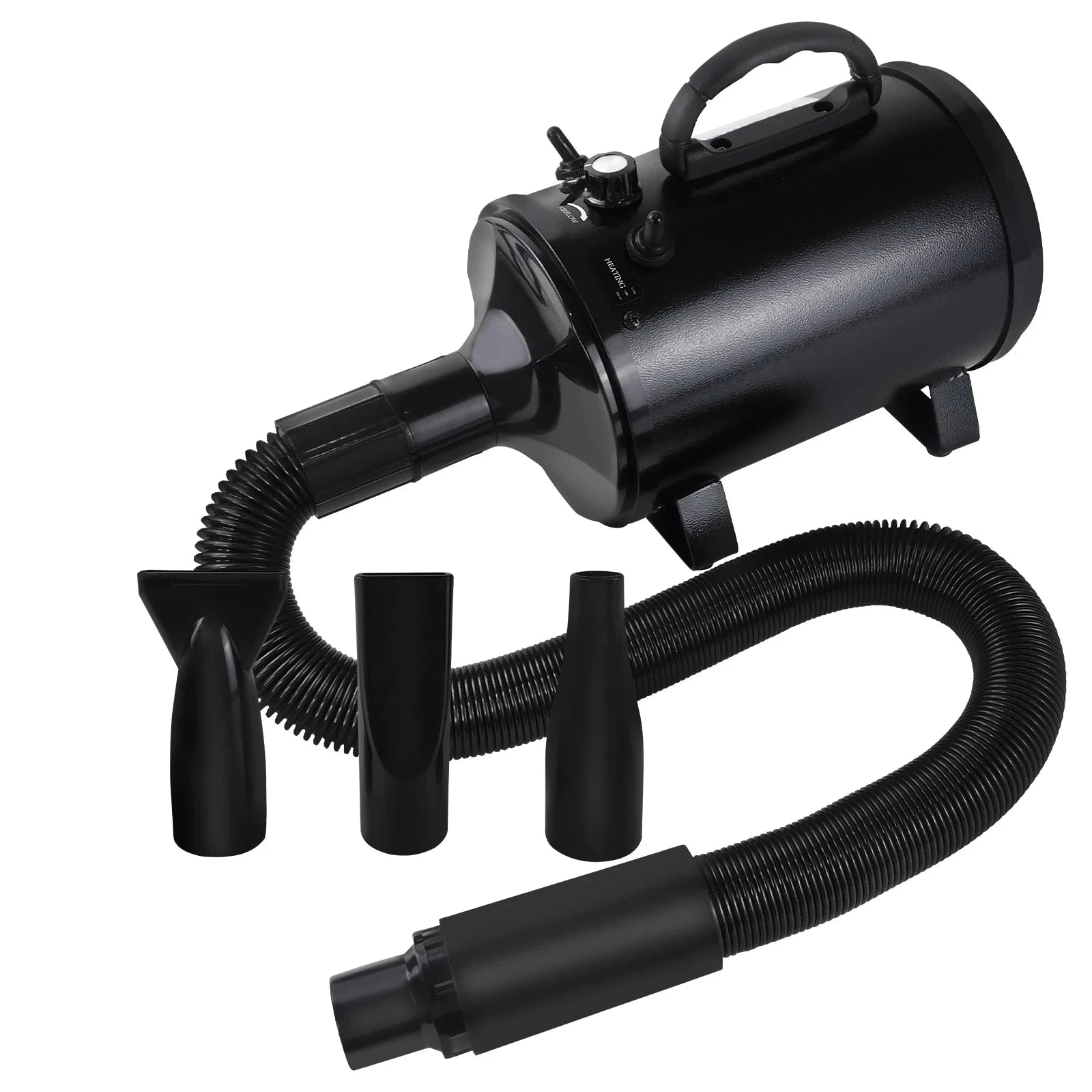 Pulseur chien de couleur noir avec plusieurs embouts de couleurs noir pour un séchage parfait. Le pulseur chien est silencieux et performant parfait pour les salons de toilettages Image produit Boutiquechien