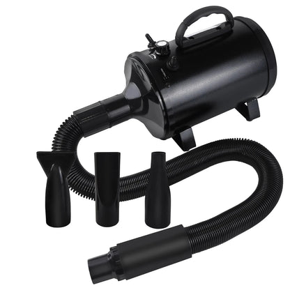 Pulseur chien de couleur noir avec plusieurs embouts de couleurs noir pour un séchage parfait. Le pulseur chien est silencieux et performant parfait pour les salons de toilettages Image produit Boutiquechien