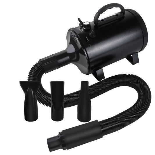 Pulseur chien de couleur noir avec plusieurs embouts de couleurs noir pour un séchage parfait. Le pulseur chien est silencieux et performant parfait pour les salons de toilettages Image produit Boutiquechien
