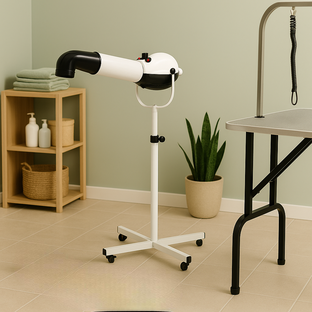 Pulseur chein professionnel blanc et noir dans un salon de toilettage design. Le pulseur est de grande taille et il est posé sur un pied à roulette. Image produit Boutiquechien