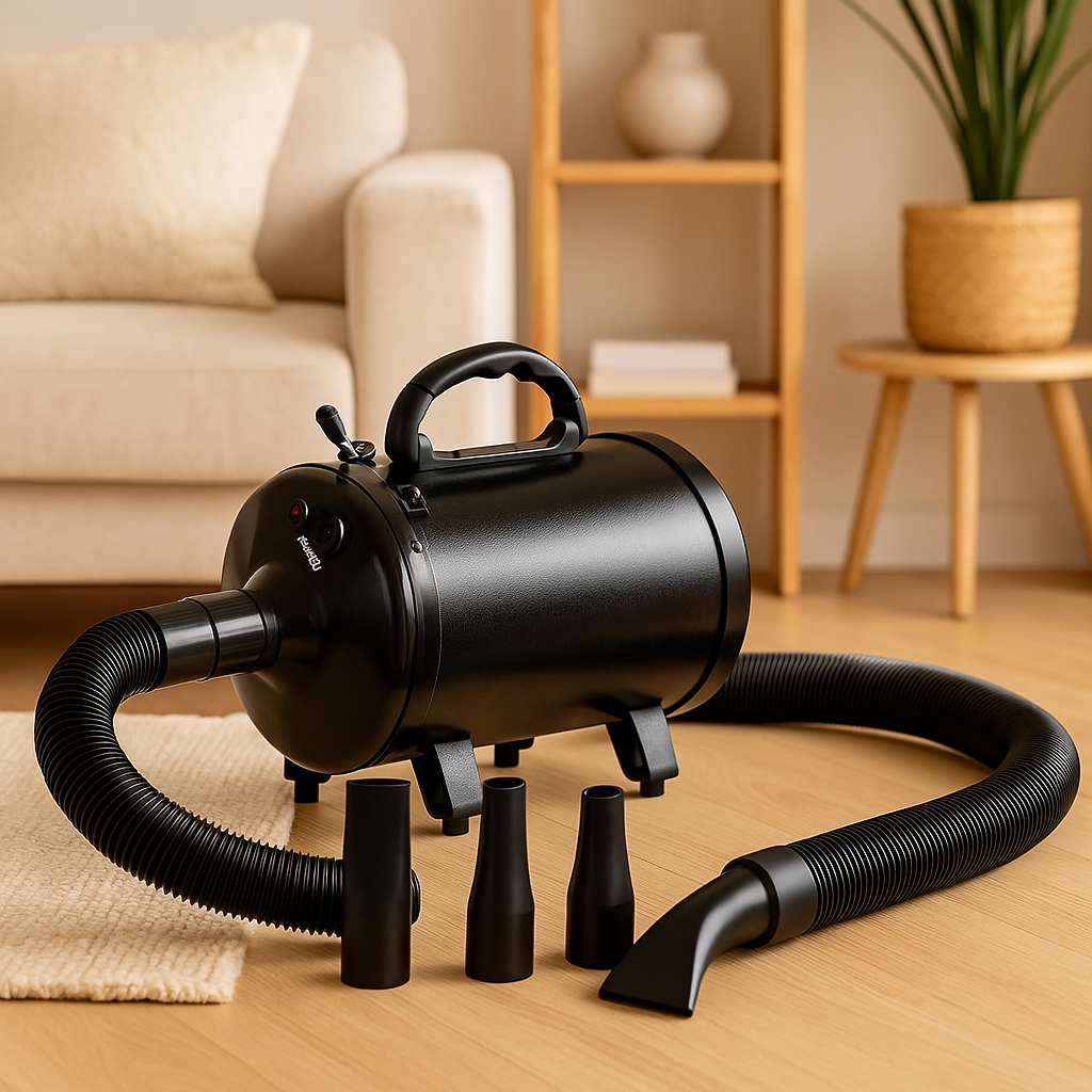 Pulseur chien professionnel dans un salon de couleur clair avec en fond un canapé et une table basse avec une plante. Le pulseur chien noir est posé sur le sol avec les embouts devant lui. Image produit Boutiquechien Image