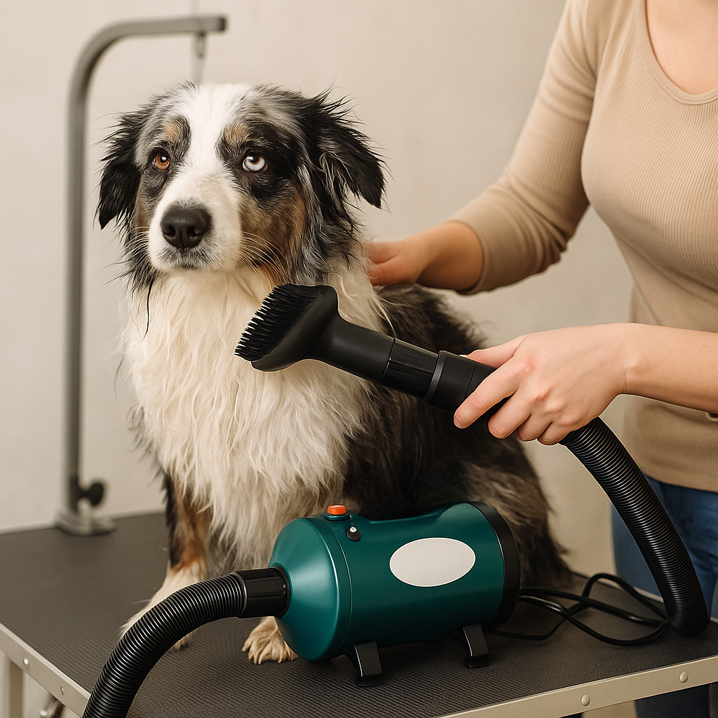 Pulser chien vert séchant un chien mouillé. Le chien est le pulseur sont sur une table de toilettage. image produit Boutiquechien