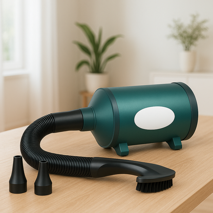 Pulseur chien vert posé sur une table en bois. Le pulseur chien possèdent plusieurs embouts pour un séchage parfait. Image produit Boutiquechien