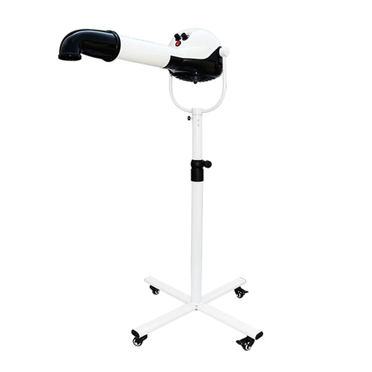 Pulseur pour chien de couleurs blanc et noir posé sur un sol blanc. Le pulseur est sur un très pieds à roulette blanc. Image produit Boutiquechien