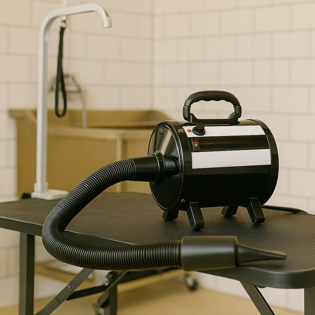 Pulseur chien noir dans un salon de toilettage professionnel. Le pulseur est posé sur une table de toilettage de couleur noir. Image produit Boutiquechien