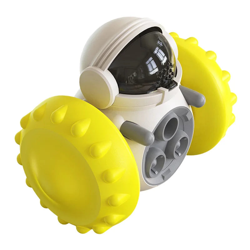 robot chien en forme de friandise avec des roues jaunes et le robot est blanc. Image produit Boutiquechien