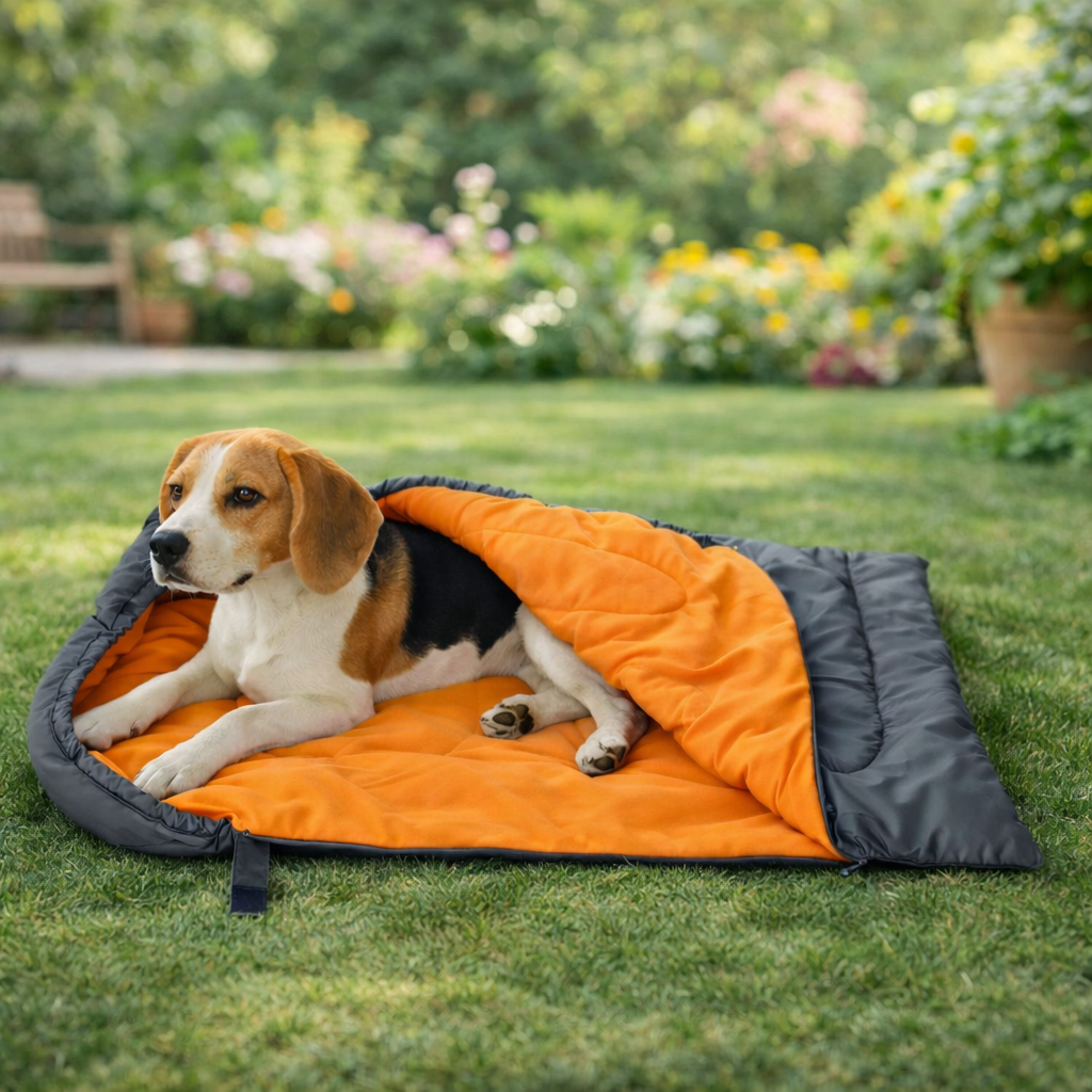 Sac couchage pour chien orange et gris dans un parc vert  Image