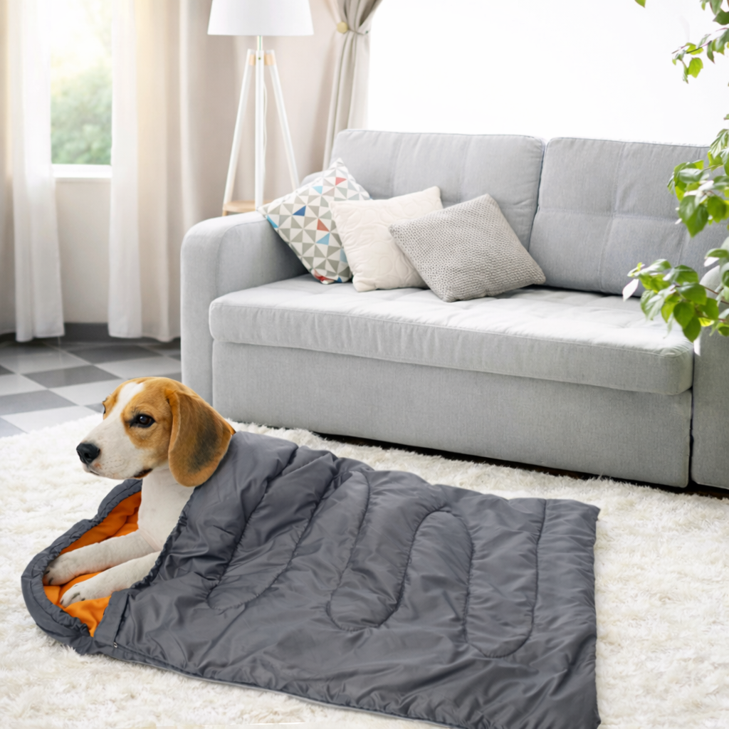 Sac couchage pour chien dans un salon claire 