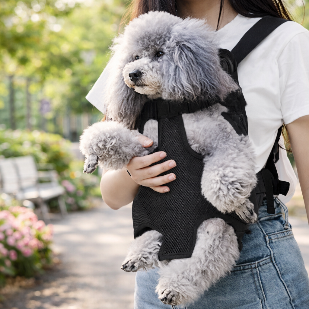 Sac kangourou pour chien gris tenu par une femme dans un parc
