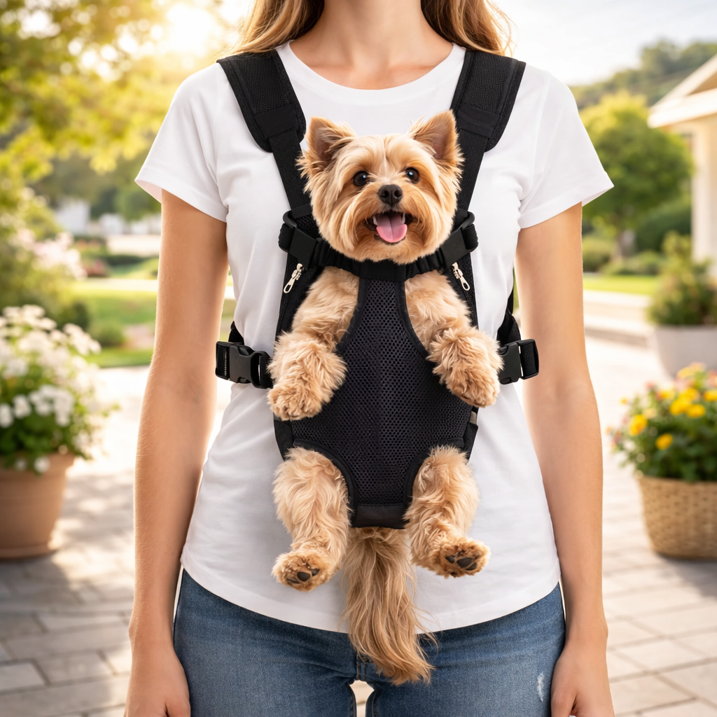 Sac kangourou pour chien près d'une maison,