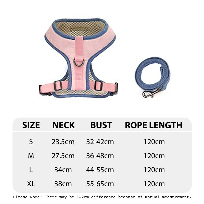 Tableau des tailles du petit harnais avec laisse rose et bleu de boutiquechien en forme de tableau