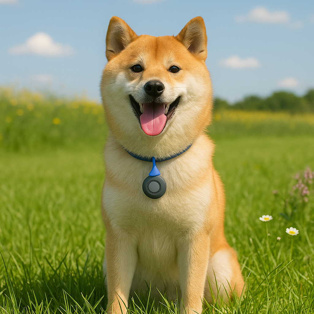 Boitier ultra sons contre les puces et tique en collier chien. Le shiba porte le collier chien dans une plaine verdoyante. Image produit Boutiquechien Image