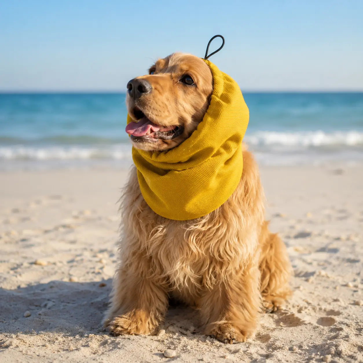 Snood pour cocker jaune sur un cocker de couleur roux sur la plage jaune avec en fond la mer blanc Image