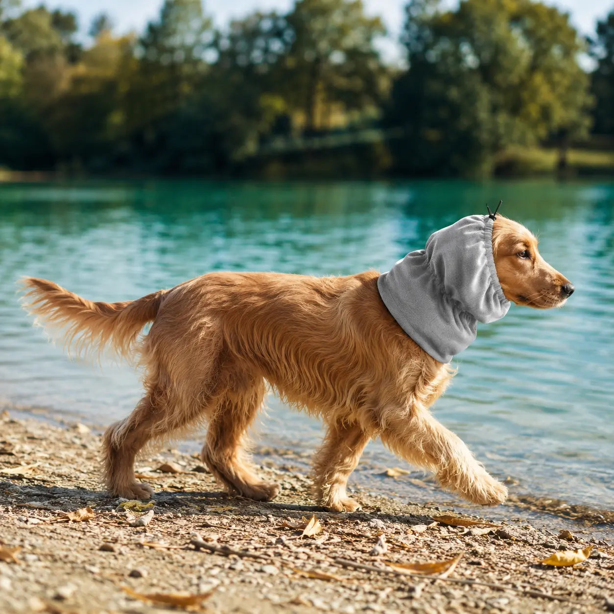 Snood pour cocker gris sur un cocker de couleur roux avec en fond une rivière bleu  Image