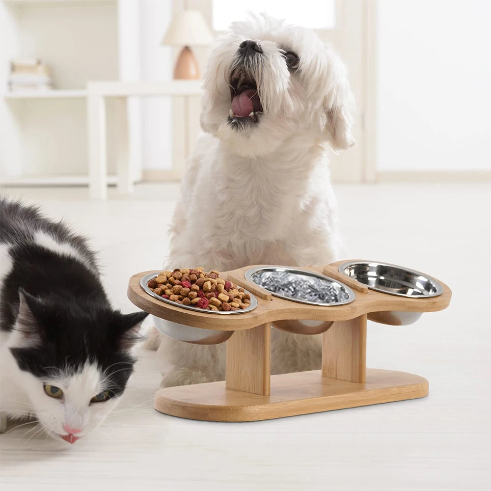 Support gamelle pour chien en bois avec chien et chat  Image