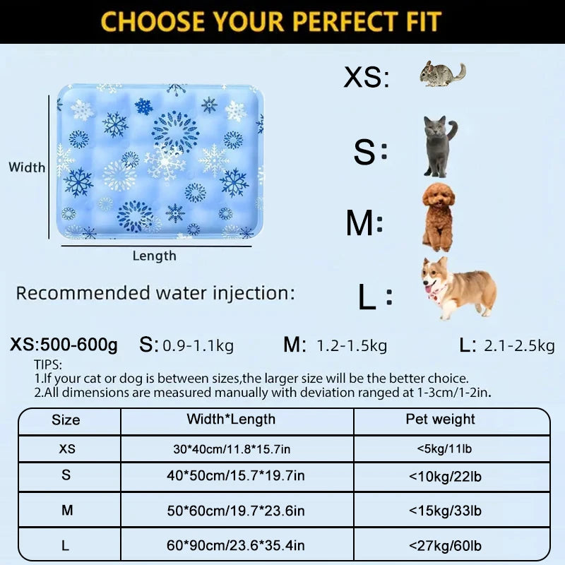 Table des dimensions du tapis rafraîchissant pour chien de XS à L. Image produit Boutiquechien