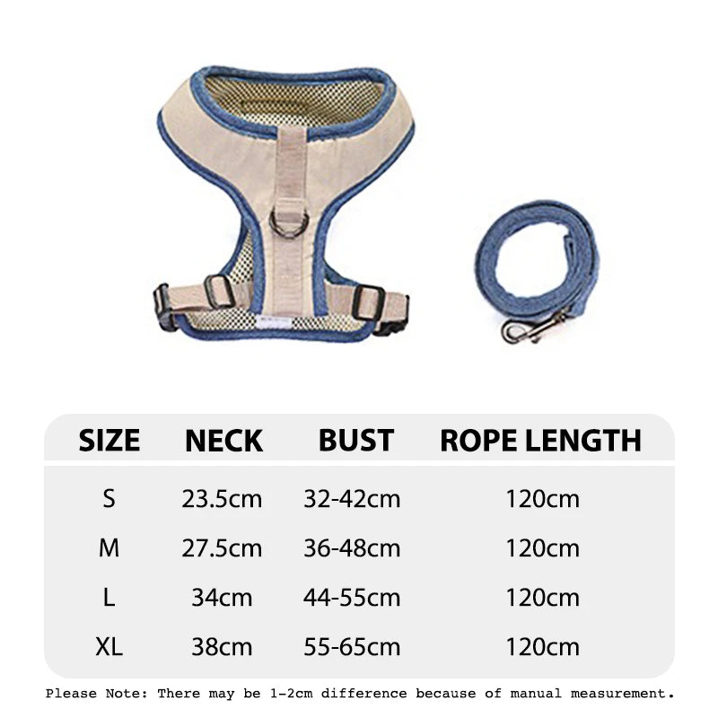 Tableau des tailles du petit harnais avec laisse beige  et bleu de boutiquechien en forme de tableau