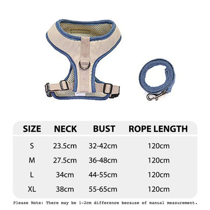Tableau des tailles du petit harnais avec laisse beige  et bleu de boutiquechien en forme de tableau